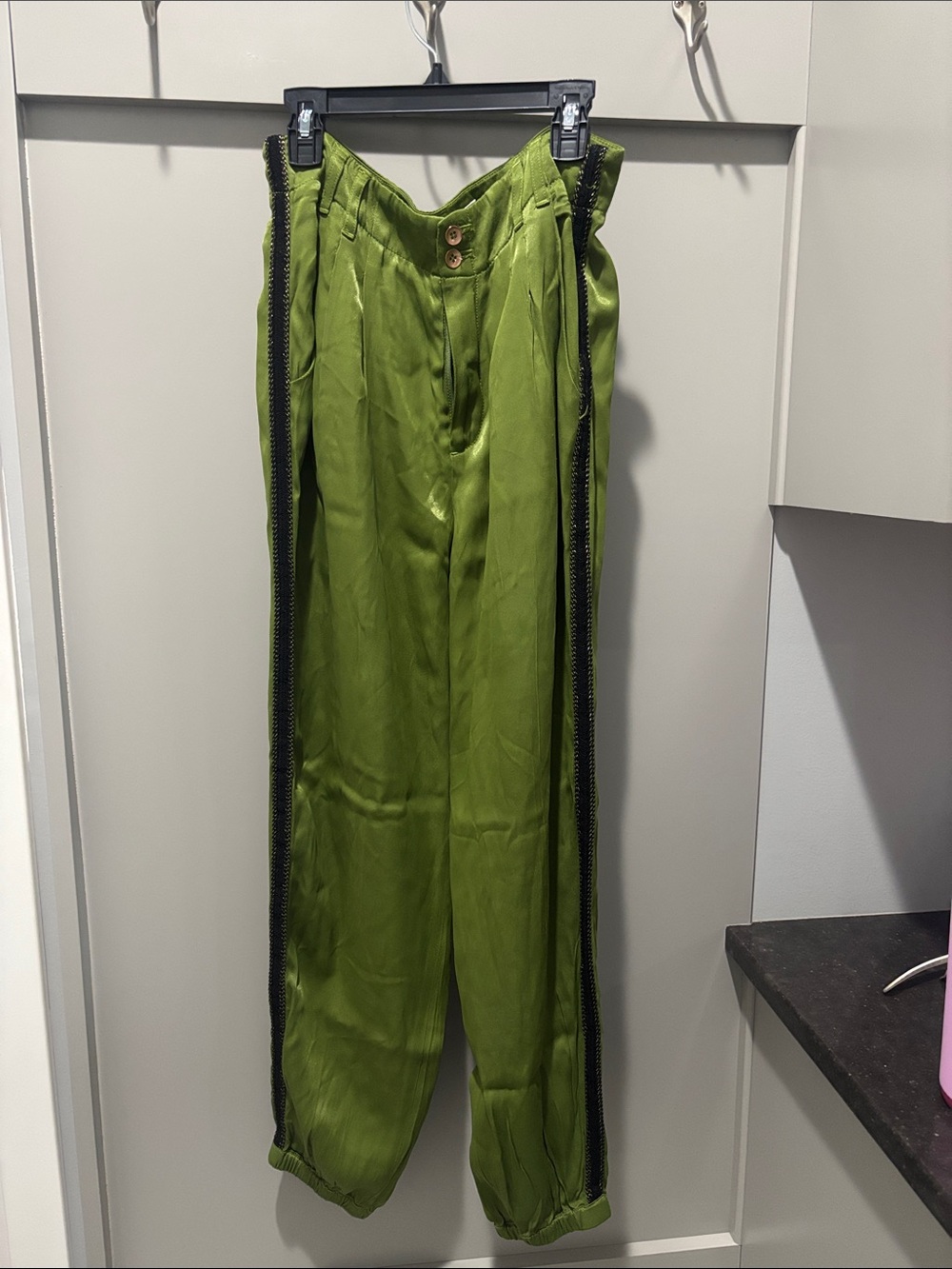 Anthropologie Olive Green Satin Track Pants with Black Trim